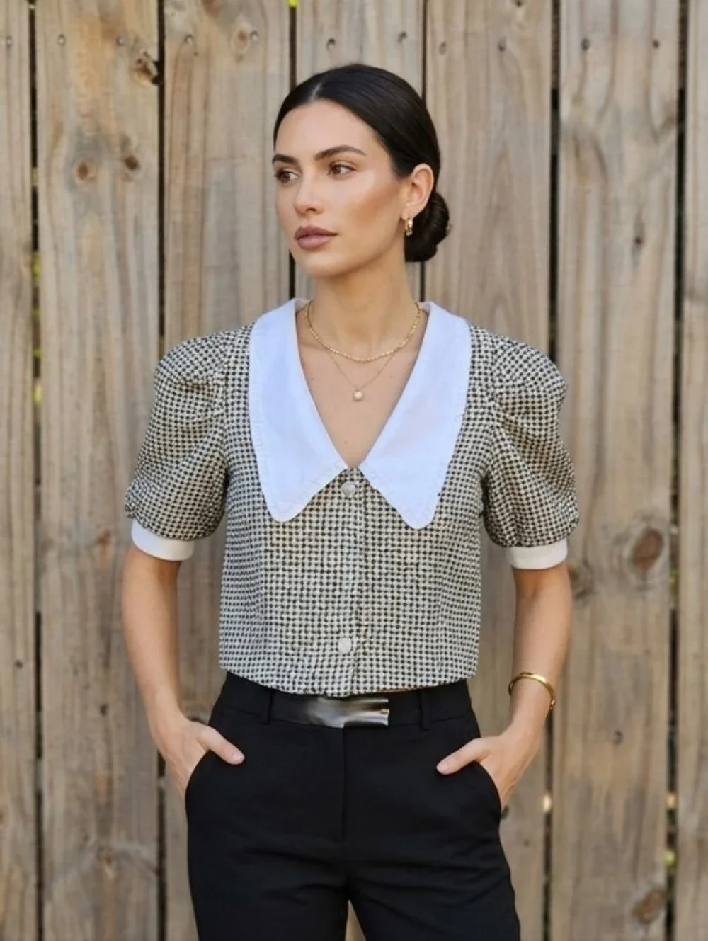 ZARA Tweed Cropped Top Blouse with Contrast Peter Pan Collar & Puff Sleeves - S
